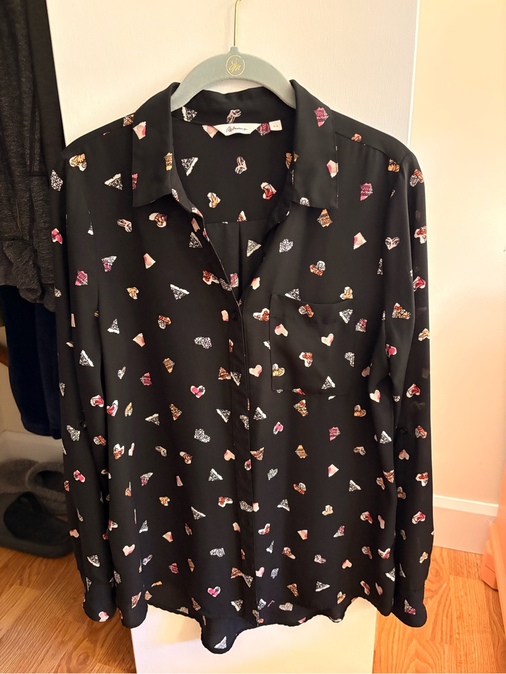 Reitmans Black Button-Up Blouse with Multicolor Heart Print
